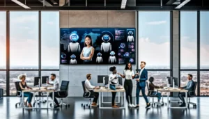 Professionnels PME utilisant différents agents IA sur ordinateurs et tableaux interactifs dans un cadre lumineux.