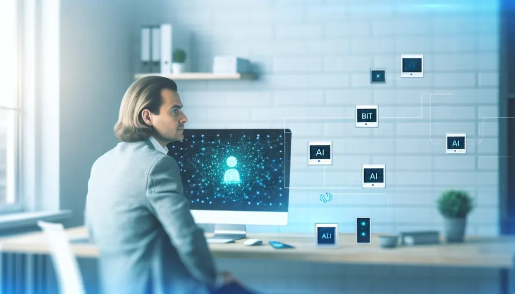 Un dirigeant de PME regarde un écran avec Bitnet.cpp intégré à différents appareils dans un bureau moderne.