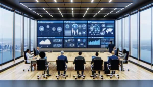 Salle de conseil moderne avec des chefs d’entreprise étudiant des comparatifs d’outils IA sur écrans interactifs.