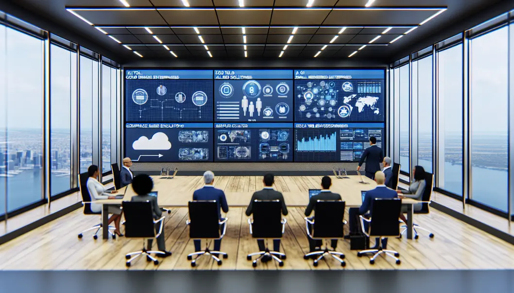 Salle de conseil moderne avec des chefs d’entreprise étudiant des comparatifs d’outils IA sur écrans interactifs.