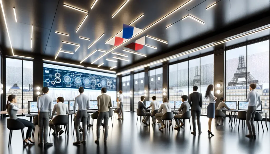 Vue photoréaliste d’un centre d’innovation technologique à Paris réuni autour de l’IA, avec des ingénieurs au travail sous lumière naturelle.