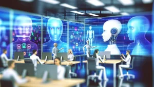 Une scène dynamique et professionnelle où des agents IA collaborent via CrewIA au sein d’un environnement digital, illustrant la coordination de workflows intelligents pour PME-PMI.