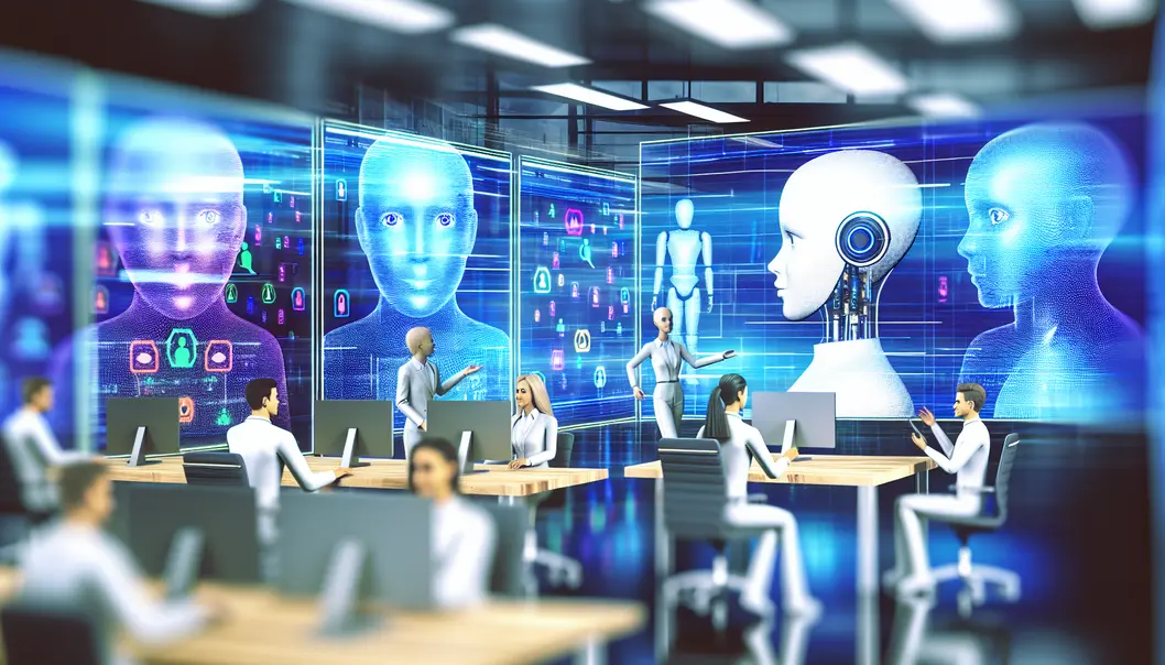Une scène dynamique et professionnelle où des agents IA collaborent via CrewIA au sein d’un environnement digital, illustrant la coordination de workflows intelligents pour PME-PMI.