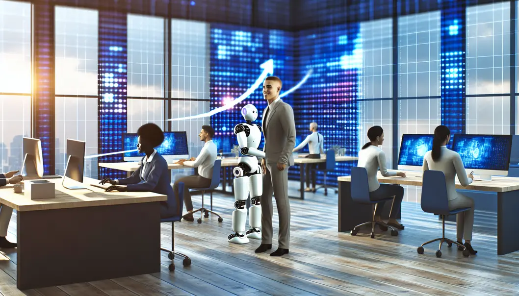 Scène dynamique d’une PME moderne utilisant l’IA avec des collaborateurs humains et robots, illustrant la nouvelle ère de transformation.